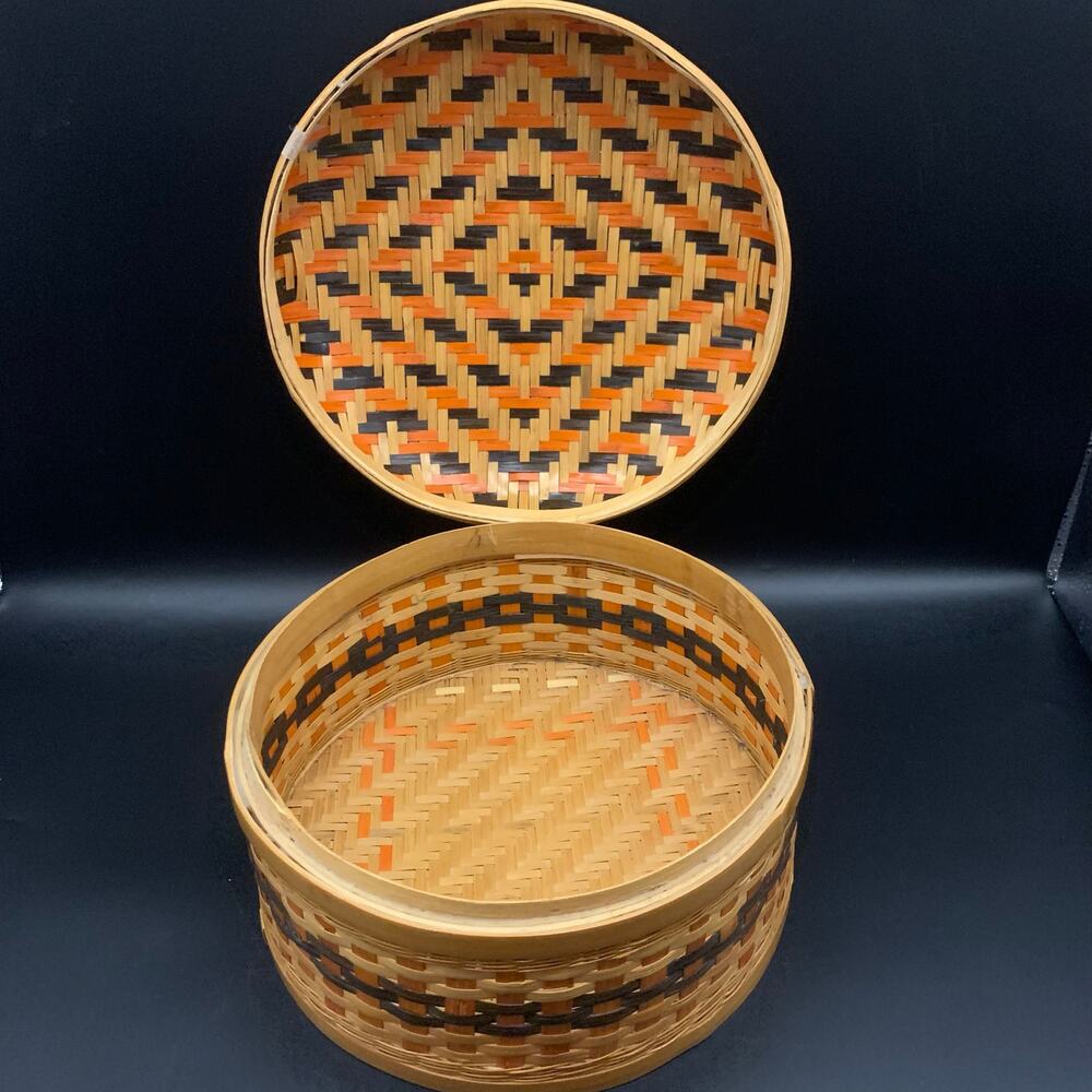 Vintage Chinese Hand Woven Bamboo Basket with Lid Brown Orange Beige PRC